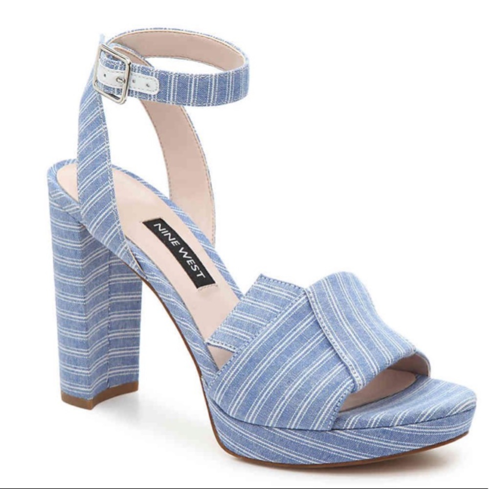 Nine West Darrayla Sandal Blue and White fabrics stripe Heels